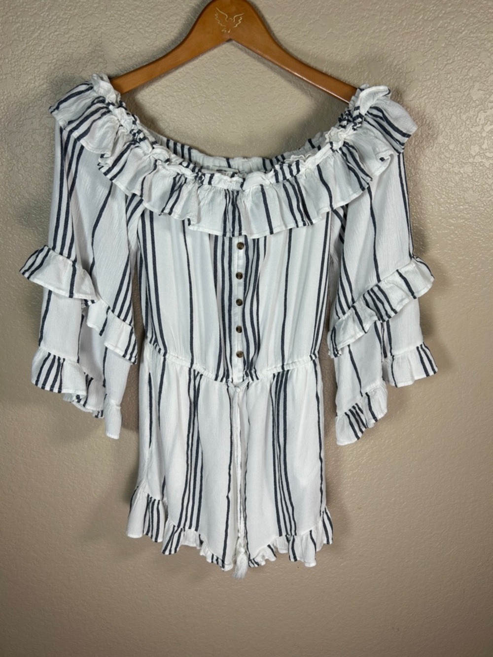 Abercrombie & Fitch White Black Stripe Off Shoulder Ruffle Skort Dress Sz S